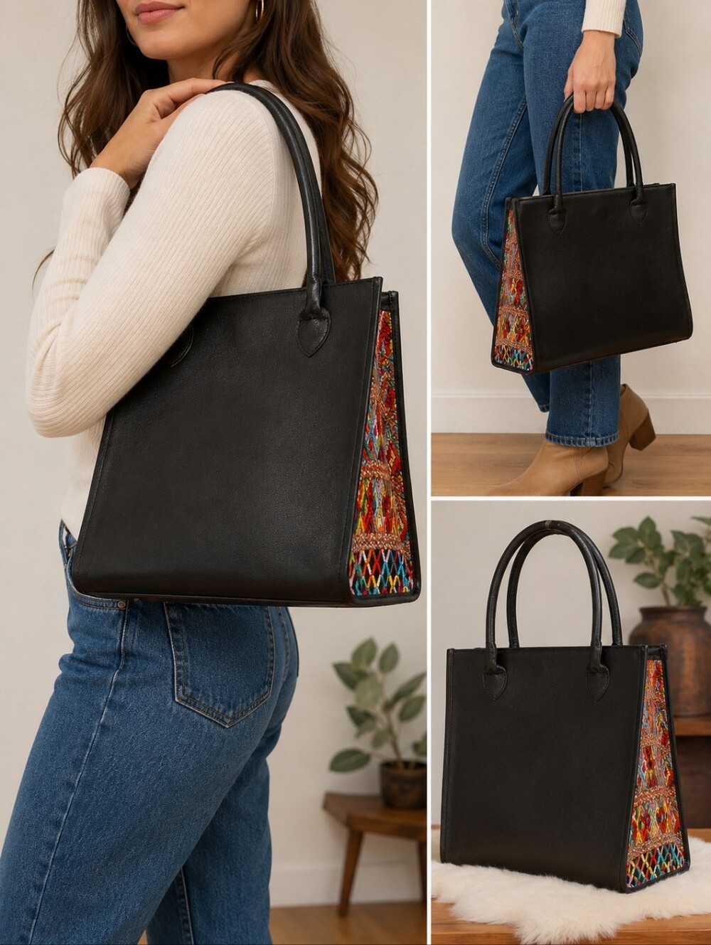 Leather Folklorica Mayan Textile Santa Fe Chic One Of A Kind Handbag/Tote